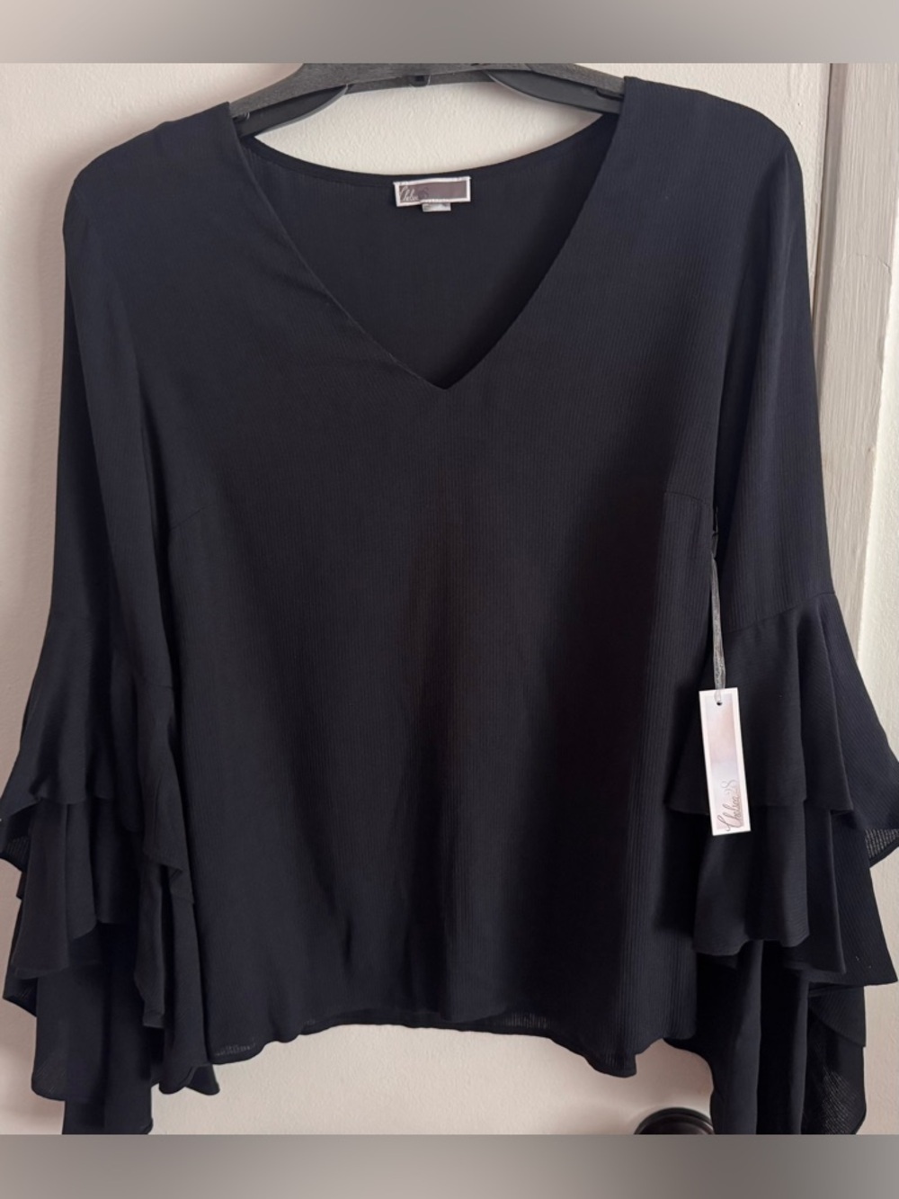 NWT Chelsea28 Black V-Neck Blouse with Ruffled Tiered Bell Sleeves Small